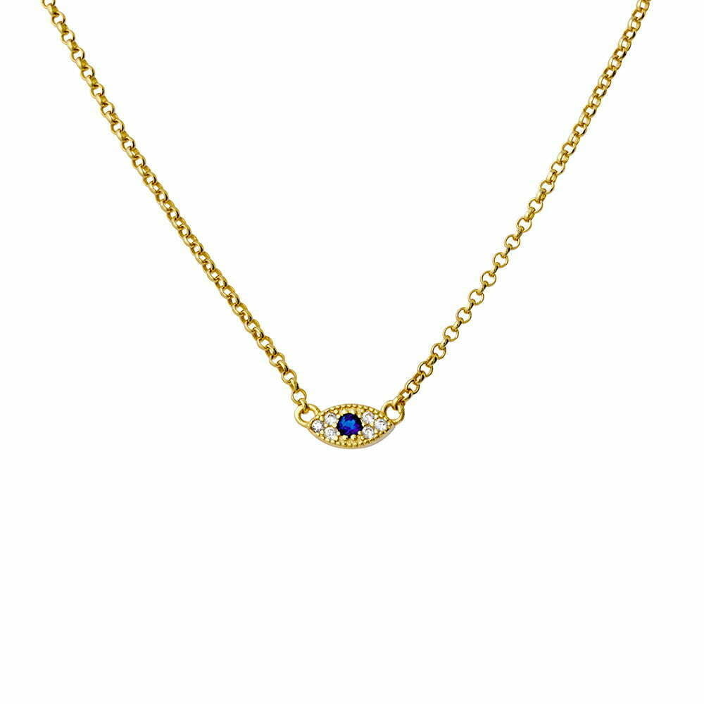 Gold Plated cable Chain Necklace with Cubic Zirconia Evil Eye Pendant