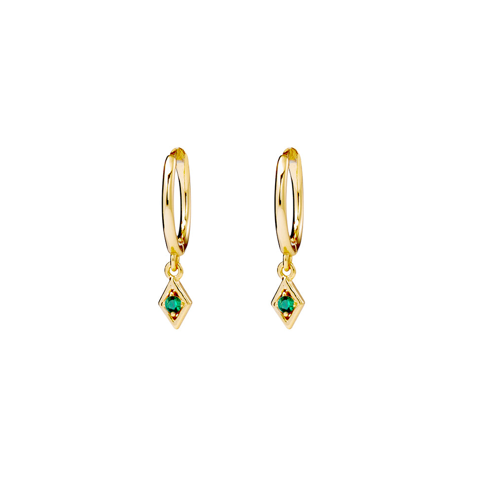 Gold Plated Huggies Earrings with Tiny Emerald Cubic Zirconia Charm