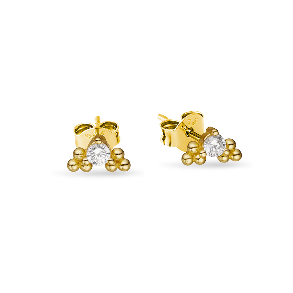 Gold Plated Petite Decorative Ball and Cubic Zirconia Stud Earrings