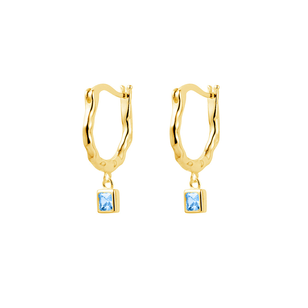 Gold Plated Beaten Hoop Earrings with Light Blue Cubic Zirconia Drop Charm
