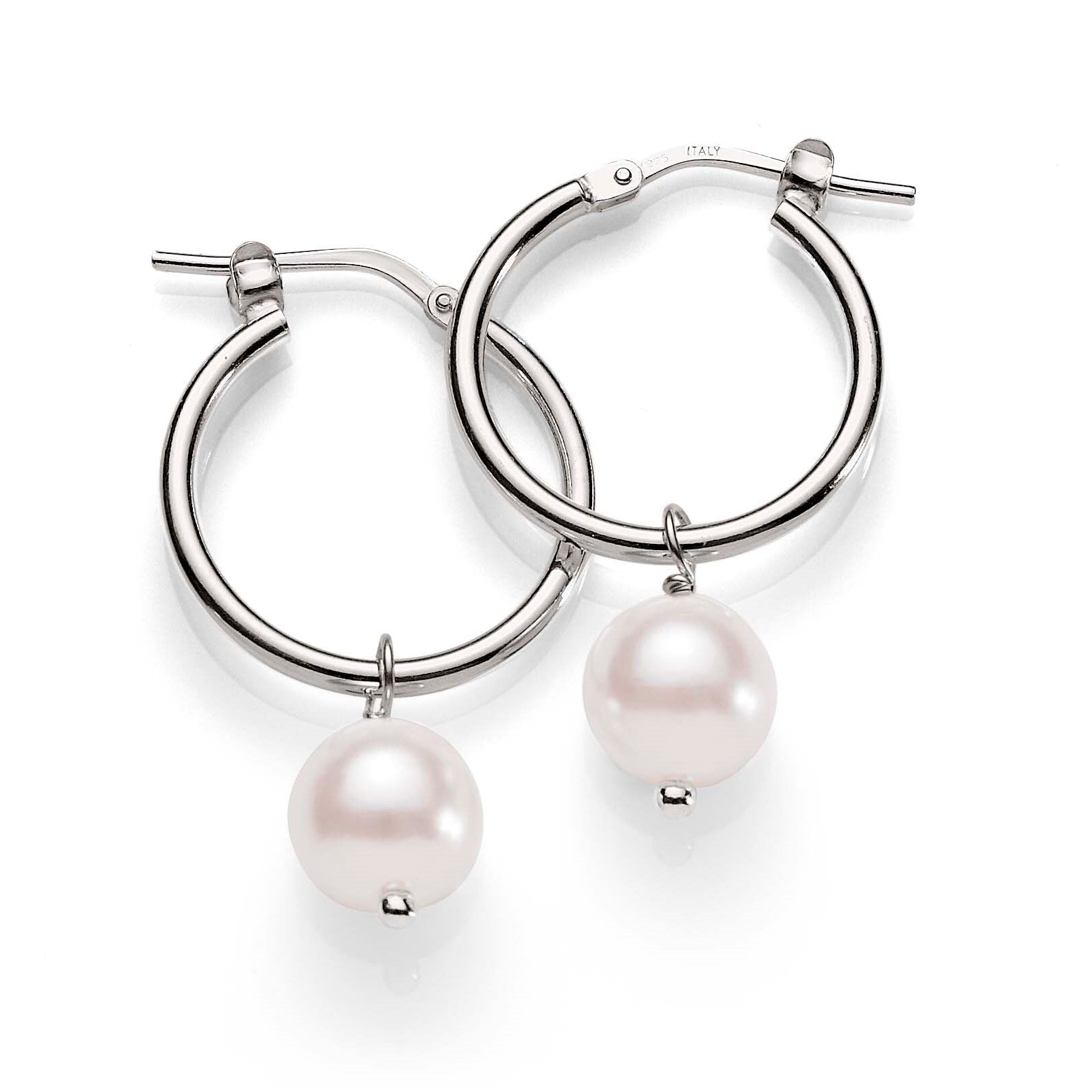 Silver Sterling Pearl Hoops 15mm