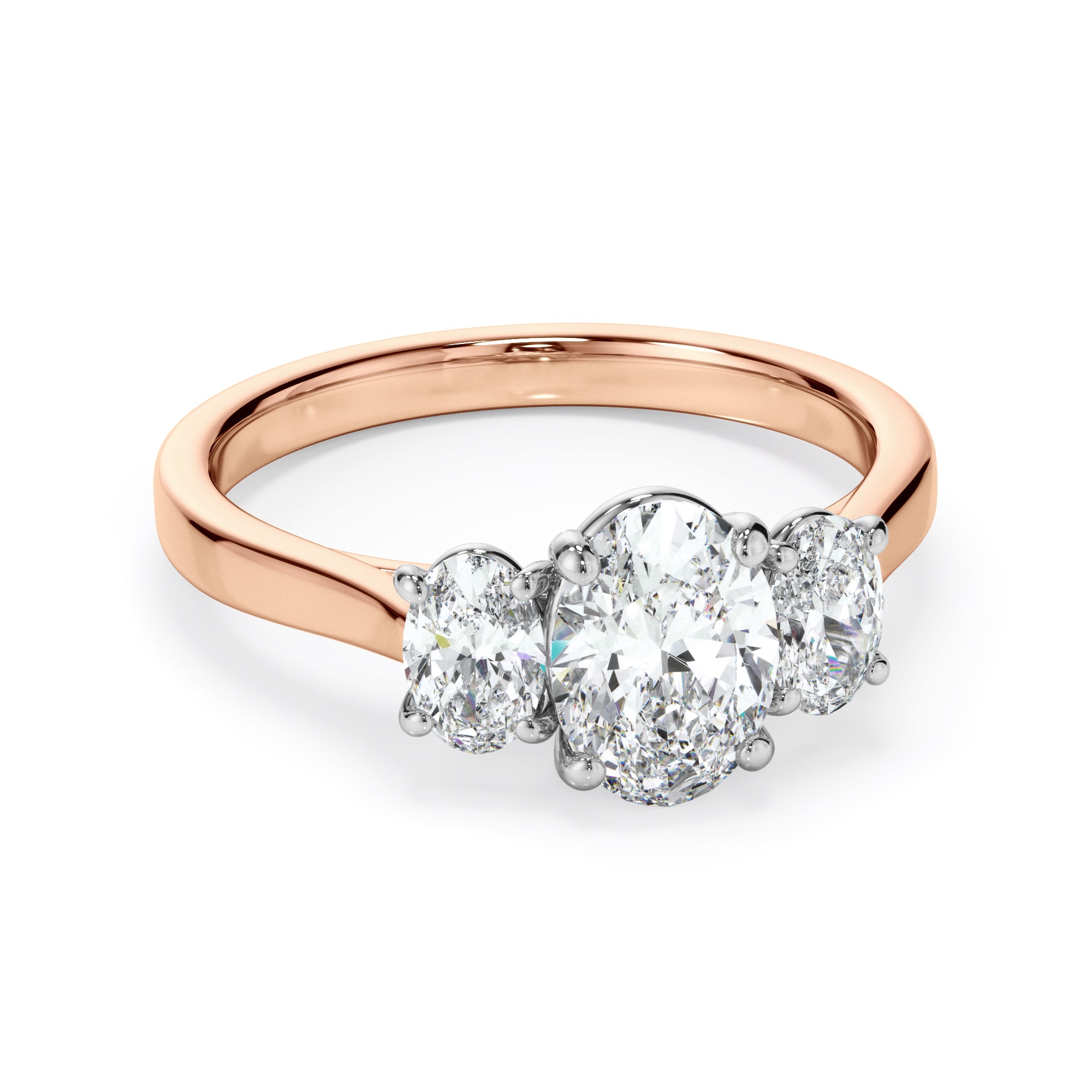 18ct Rose Gold Oval Cut Diamond Trilogy Engagement Ring