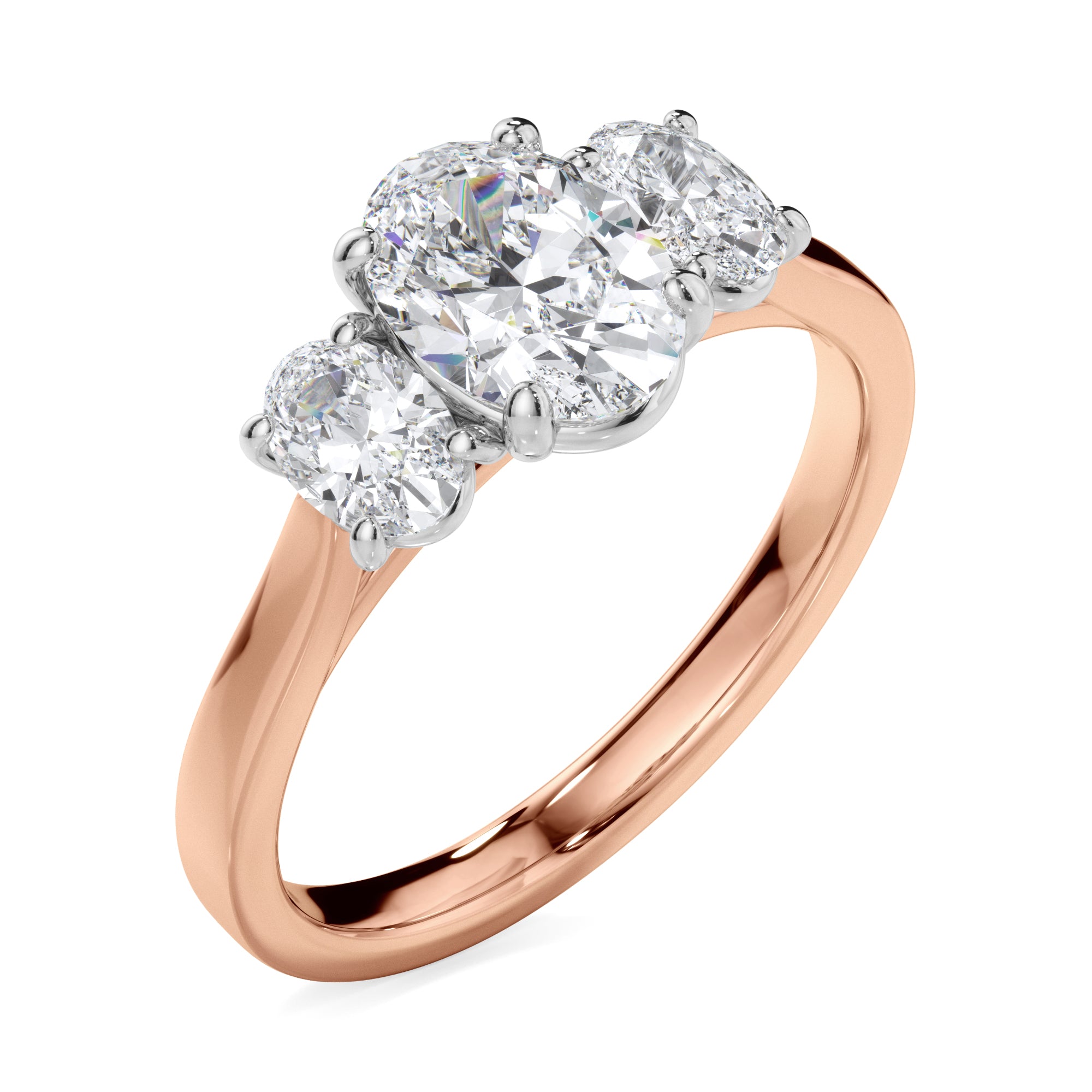 18ct Rose Gold Oval Cut Diamond Trilogy Engagement Ring