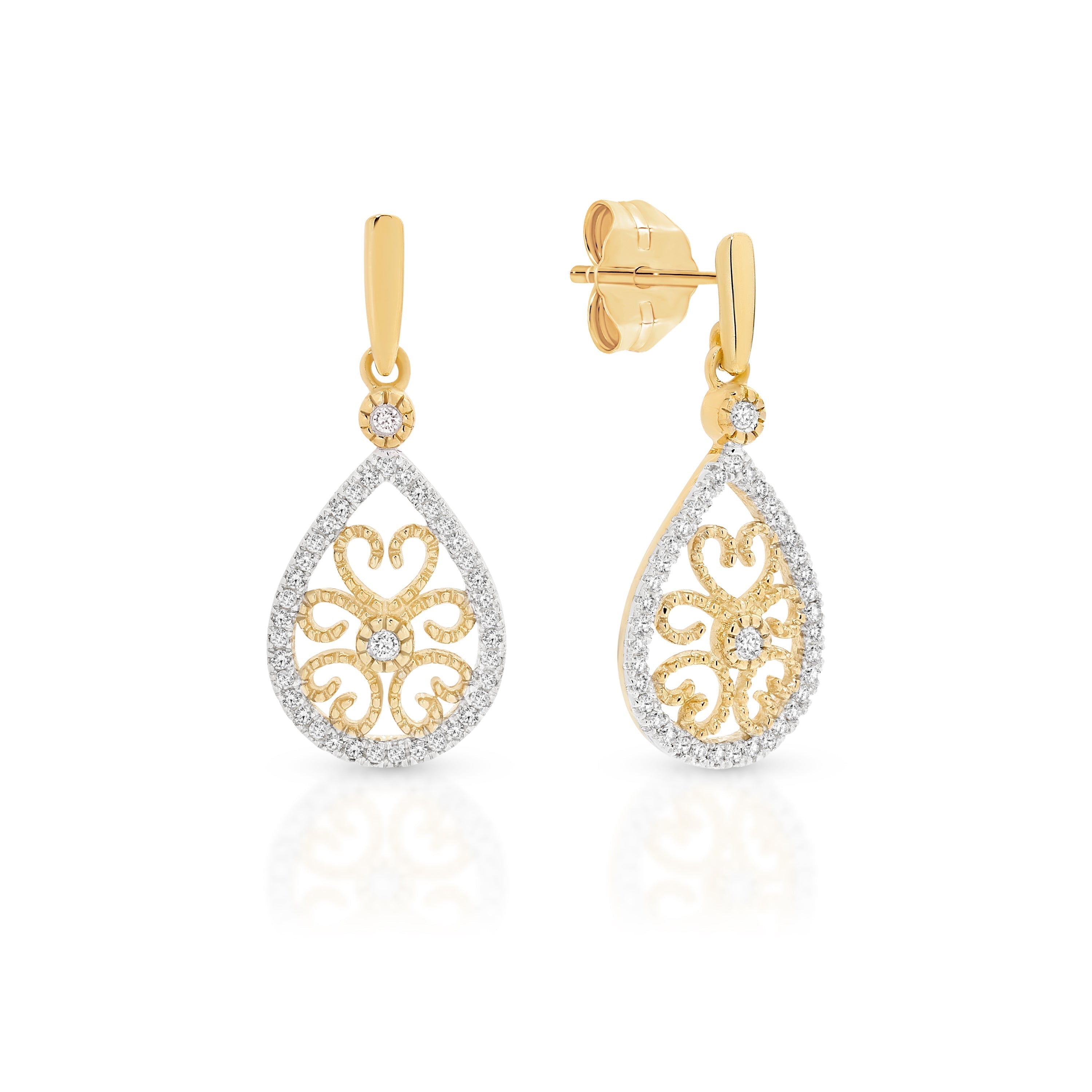 9ct Yellow Gold 0.15ct Diamond Filigree Drop Studs