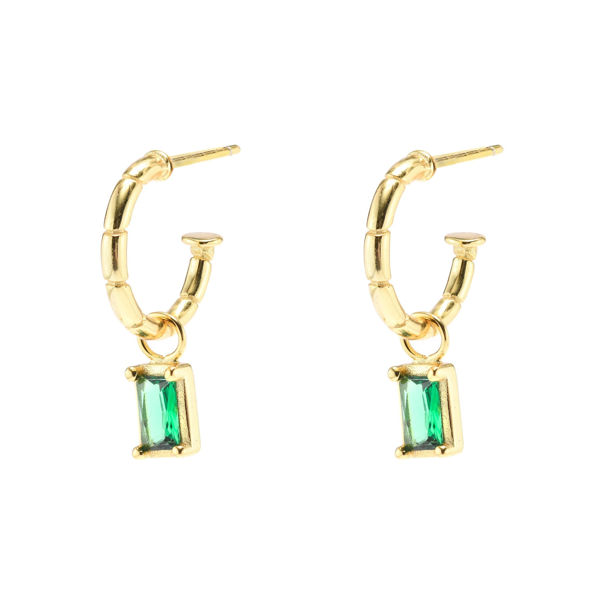 Gold Plated Rectangle Green Drop Hoop Earrings