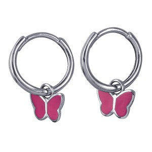 Childrens Sterling Silver Pink Enamel Butterfly Drop Huggies