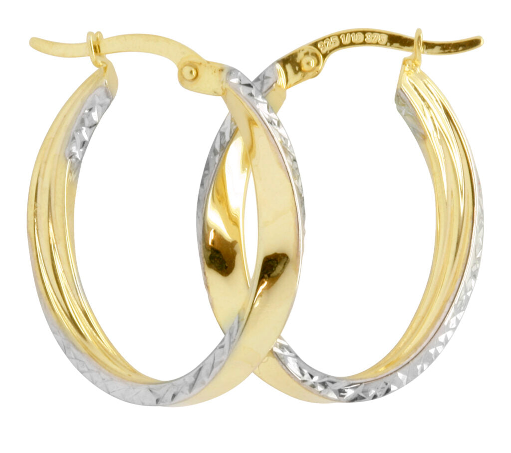 9ct Yellow Gold and Silver Bonded Faceted Hoop Earrings