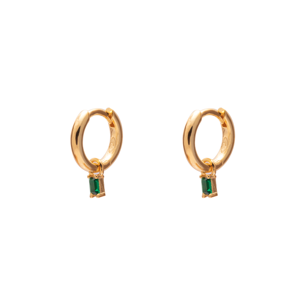 Gold Plated Huggie Earrings with Green Cubic Zirconia Rectangle Drop