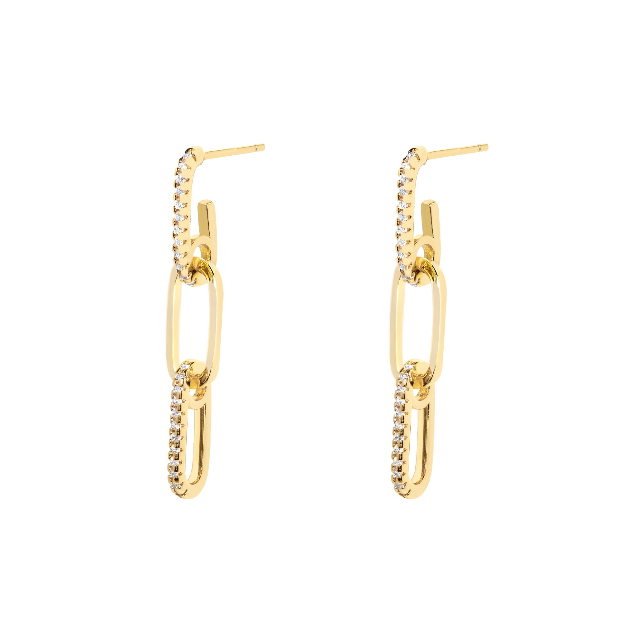 Gold Plated Paperclip Cubic Zirconia Chain Dangle Earrings