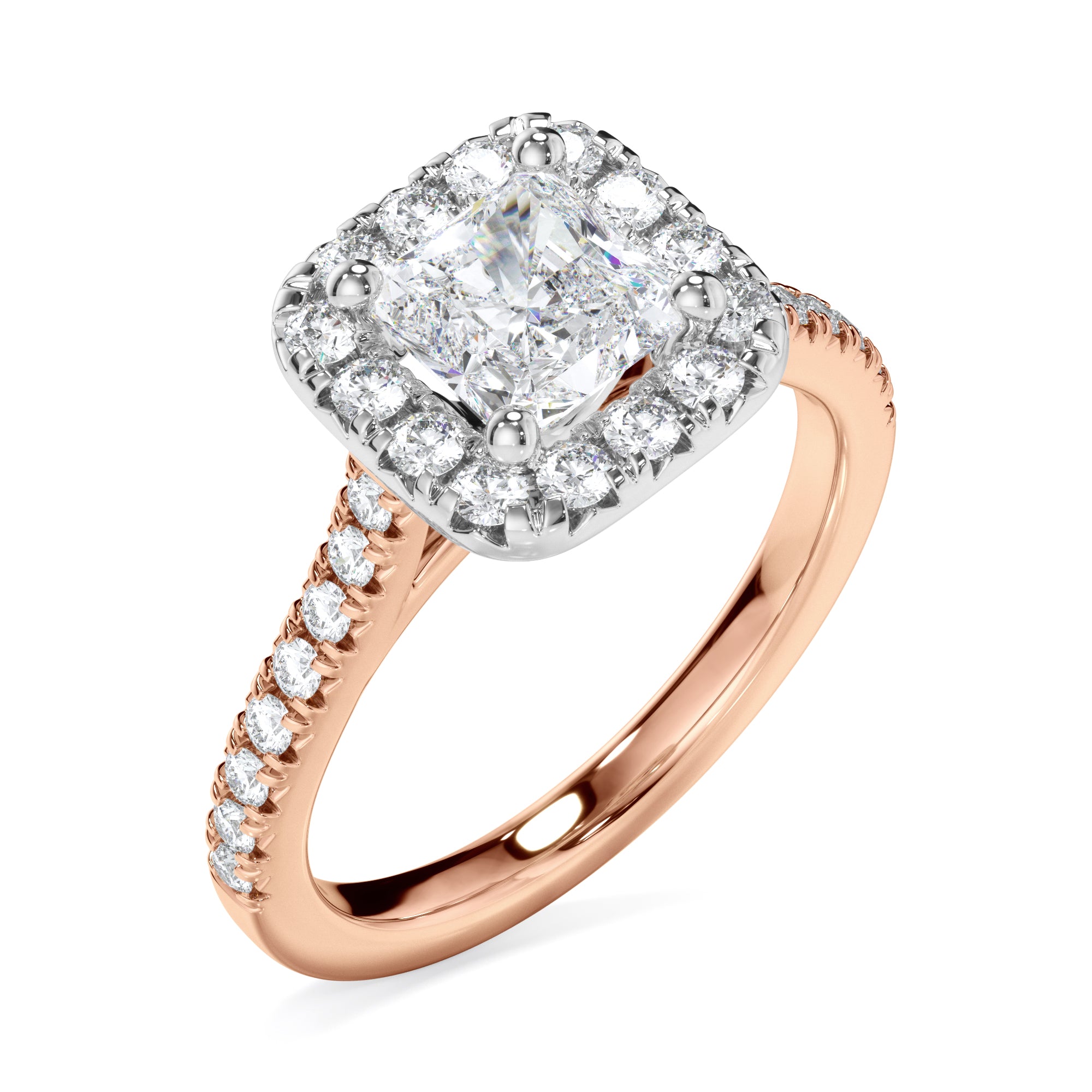 18ct Rose Gold Cushion Cut Halo Diamond Engagement Ring