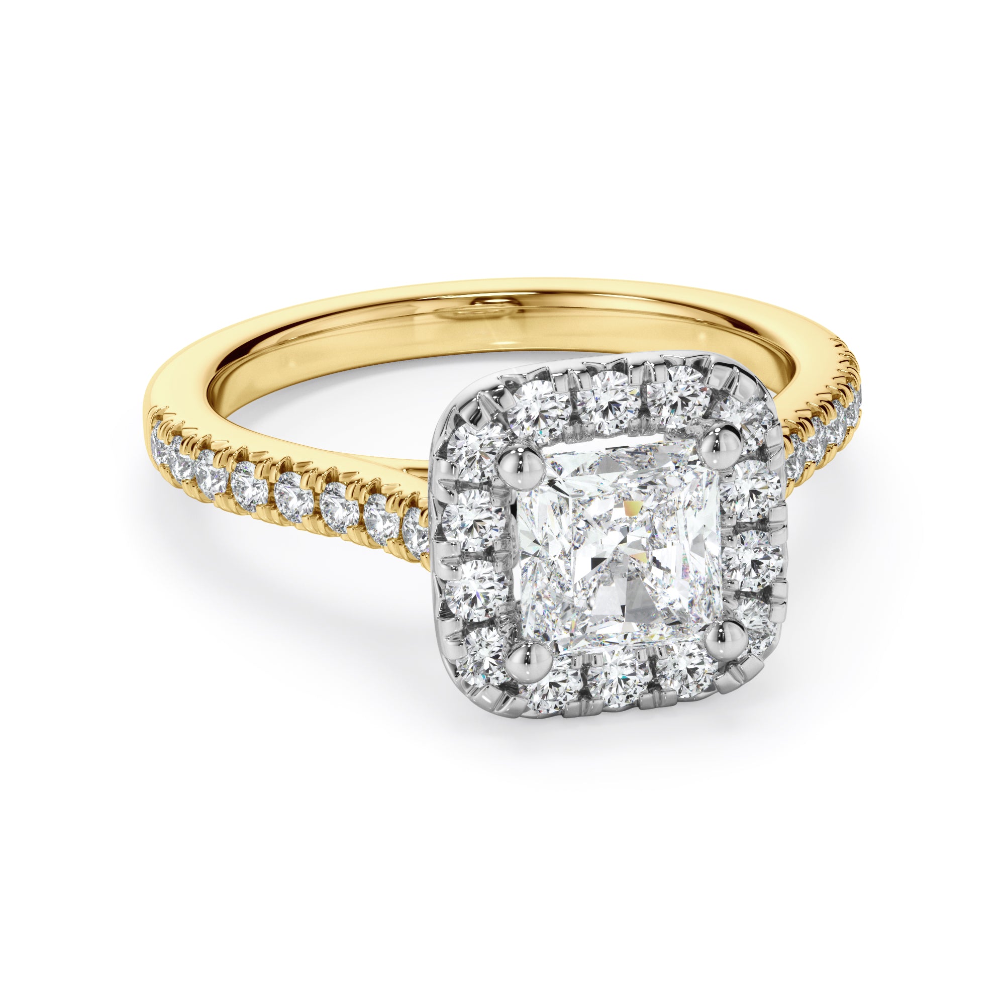 18ct Yellow Gold Cushion Cut Halo Diamond Engagement Ring
