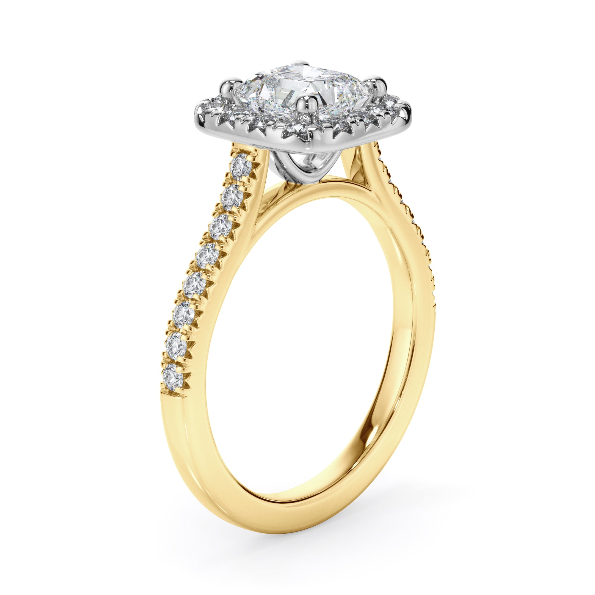 18ct Yellow Gold Cushion Cut Halo Diamond Engagement Ring
