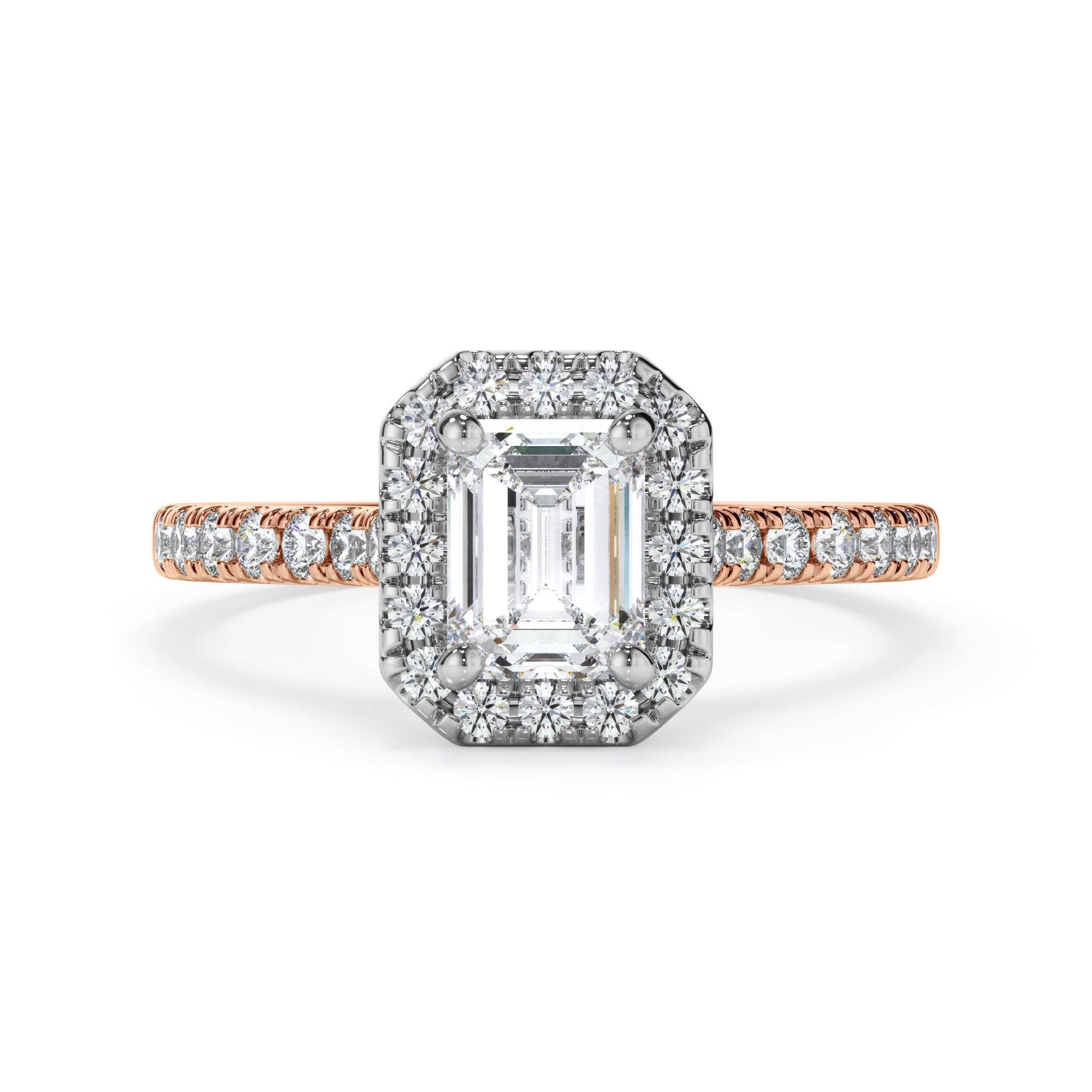 18ct Rose and Platinum Emerald Cut Halo Diamond Engagement Ring