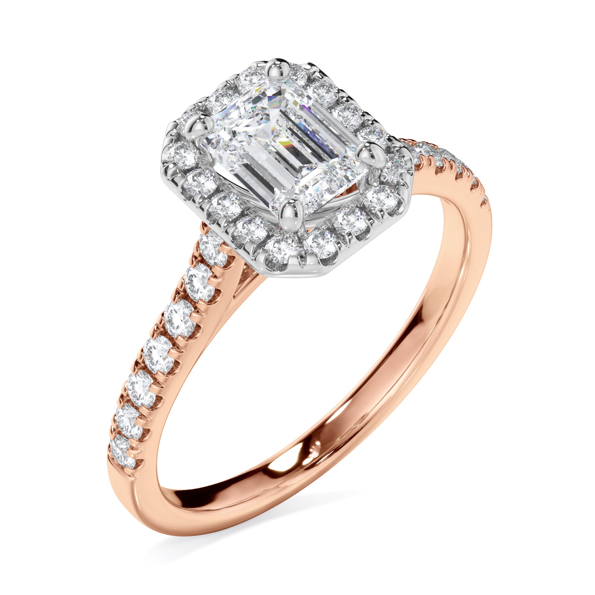 18ct Rose and Platinum Emerald Cut Halo Diamond Engagement Ring