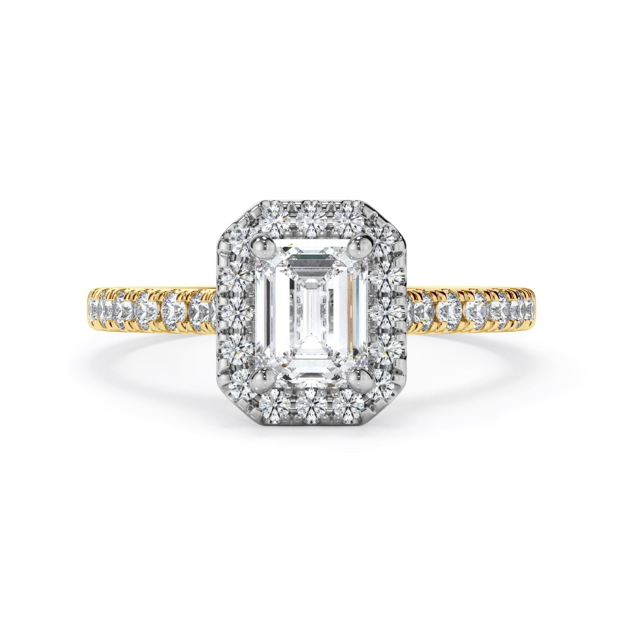 18ct Yellow and Platinum Emerald Cut Halo Diamond Engagement Ring
