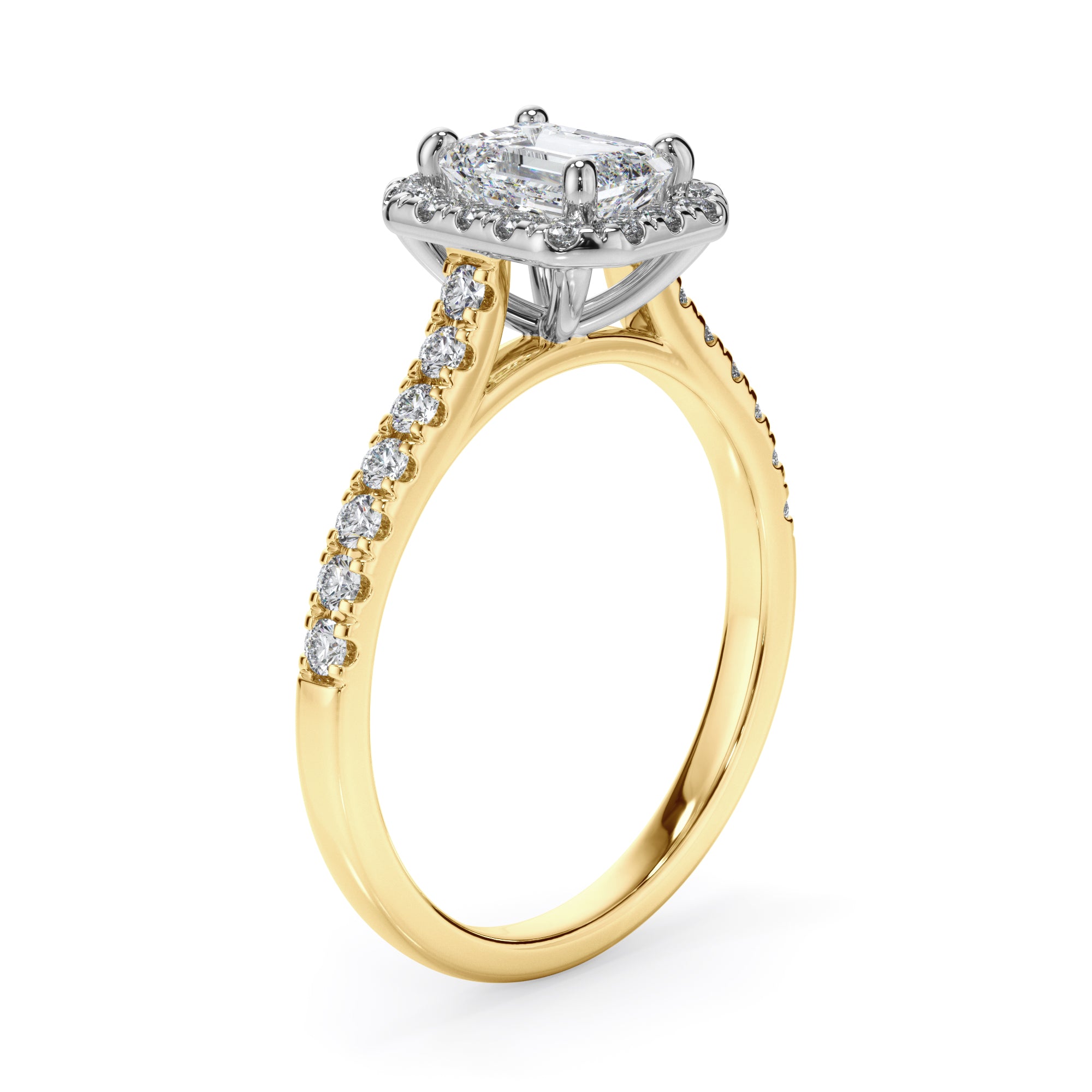 18ct Yellow and Platinum Emerald Cut Halo Diamond Engagement Ring