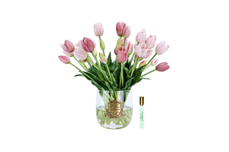 Cote Noire Heritage Tulips - Clear Vase with Gold Badge - Pink