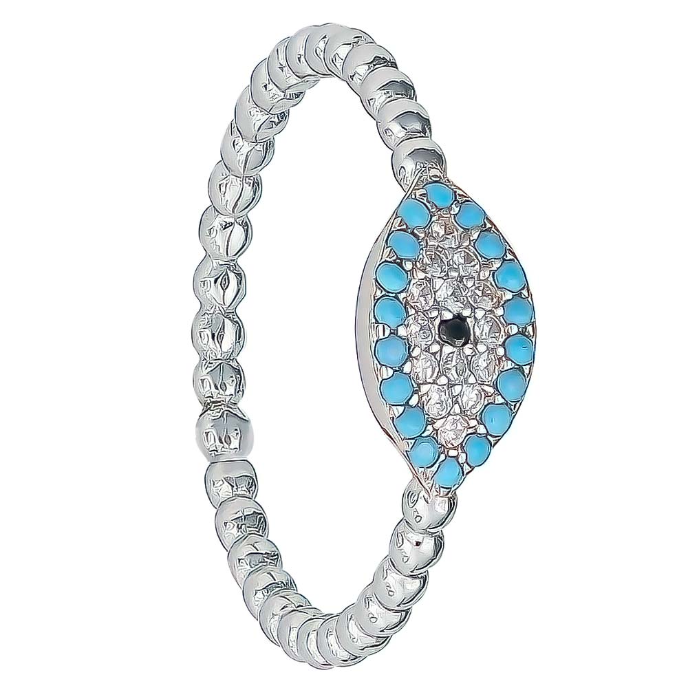 Rhodium Plated Sterling Silver Turquoise Evil Eye Beaded Ring
