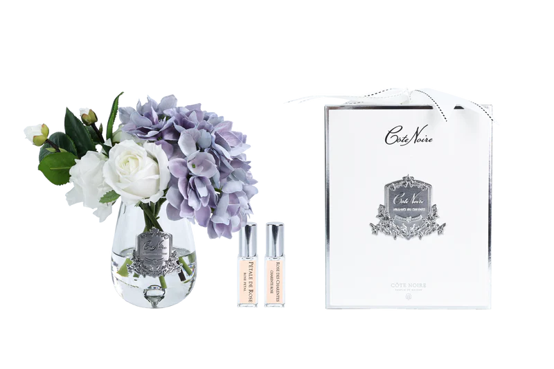 Cote Noire - Tea Rose & Hydrangeas Bouquet - Clear -Blue & White