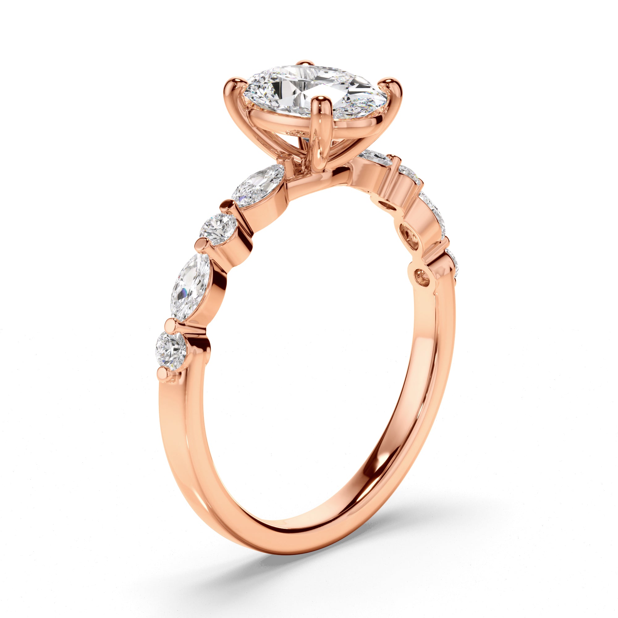 18ct Rose Gold Oval Cut Diamond Engagement Ring with Shoulder Stones