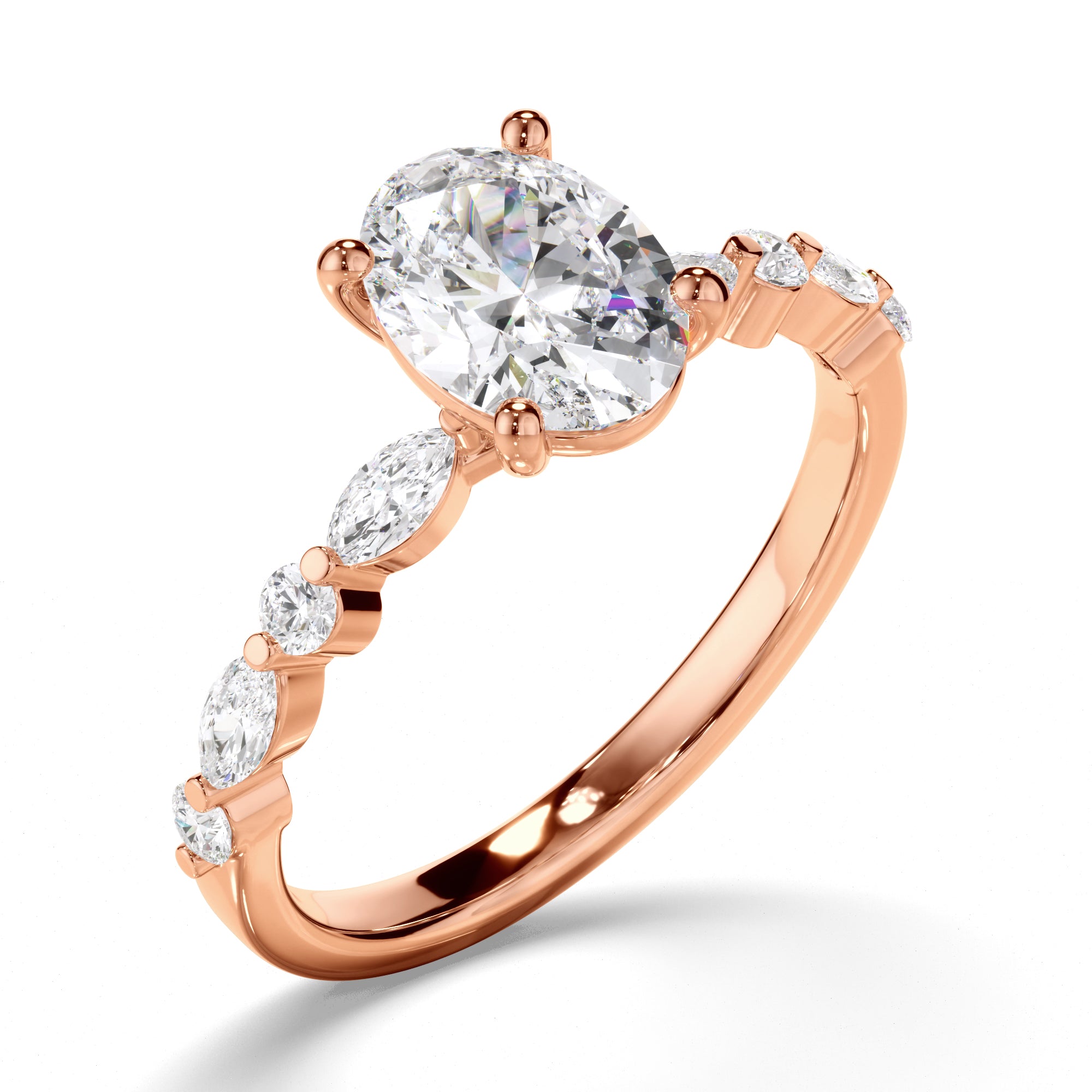 18ct Rose Gold Oval Cut Diamond Engagement Ring with Shoulder Stones