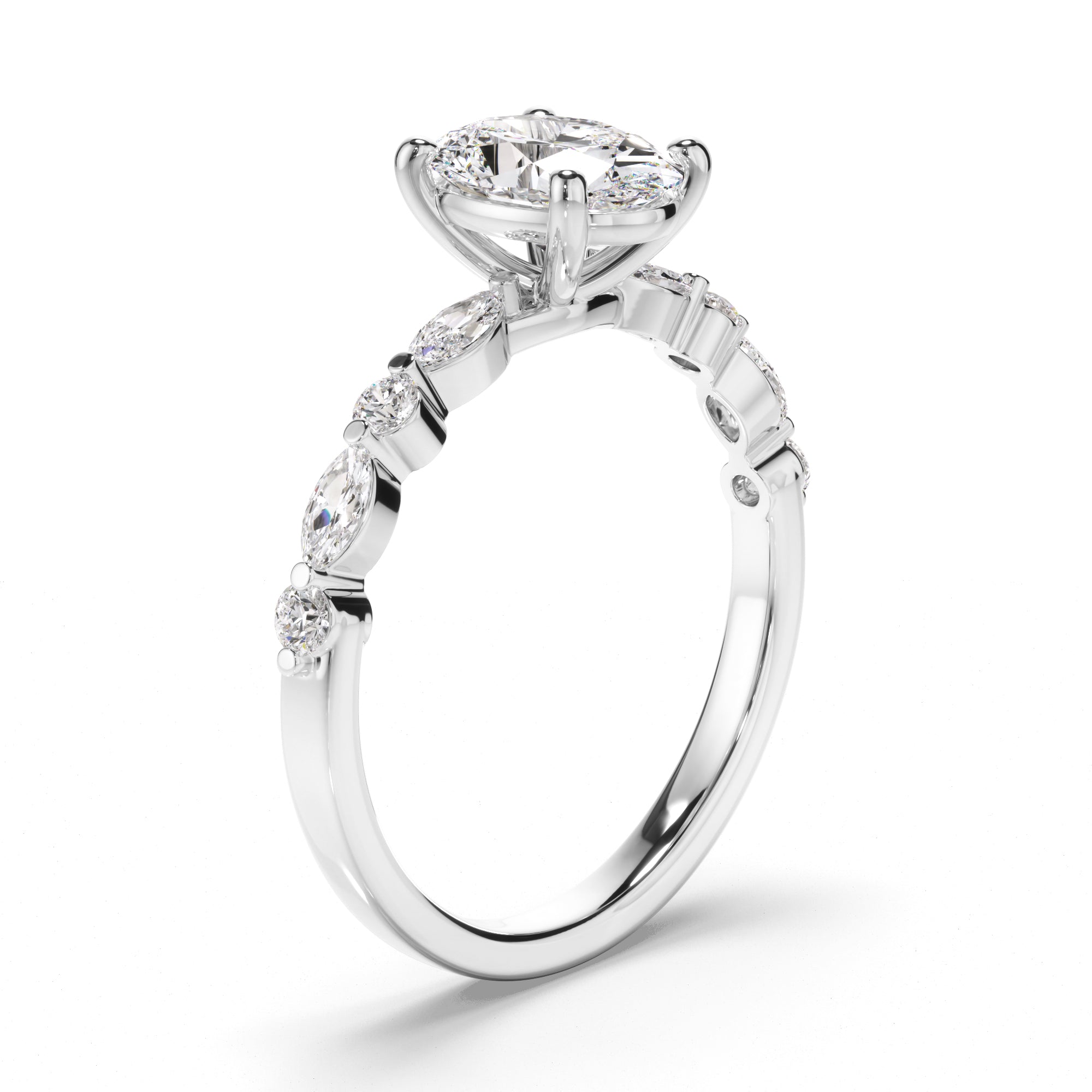 18ct White Gold Oval Cut Diamond Engagement Ring with Shoulder Stones