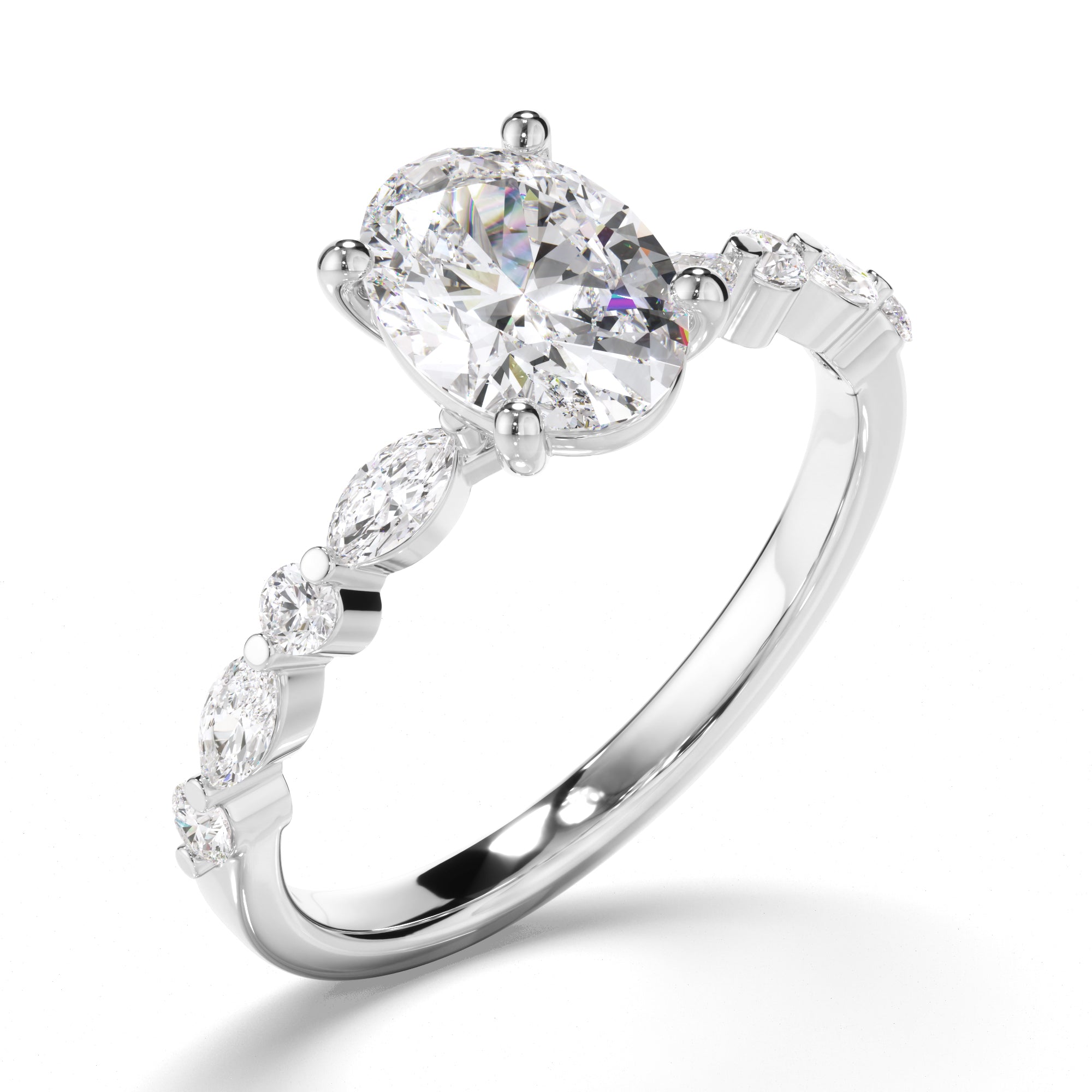 18ct White Gold Oval Cut Diamond Engagement Ring with Shoulder Stones