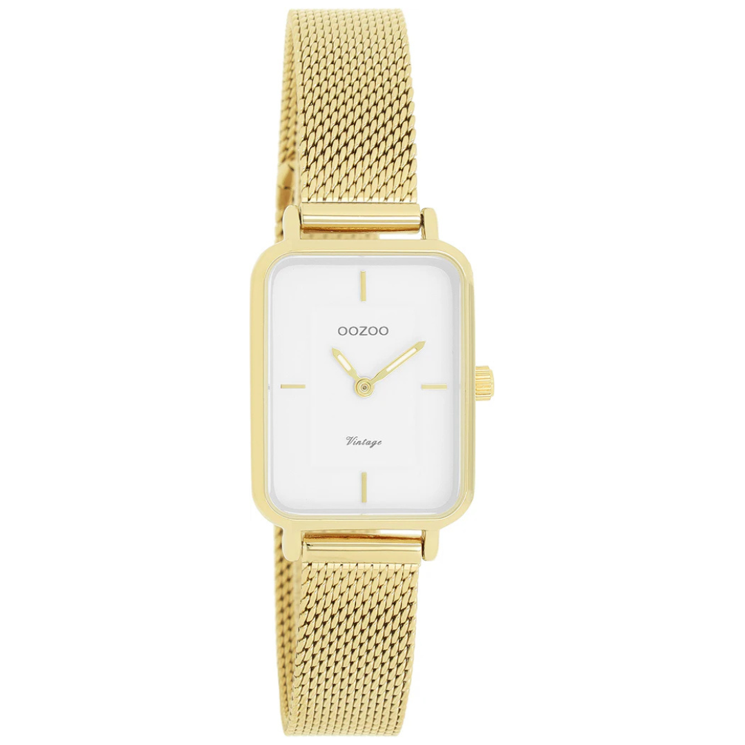 OOZOO Rectangle 24x28 Gold and White Face Mesh Watch