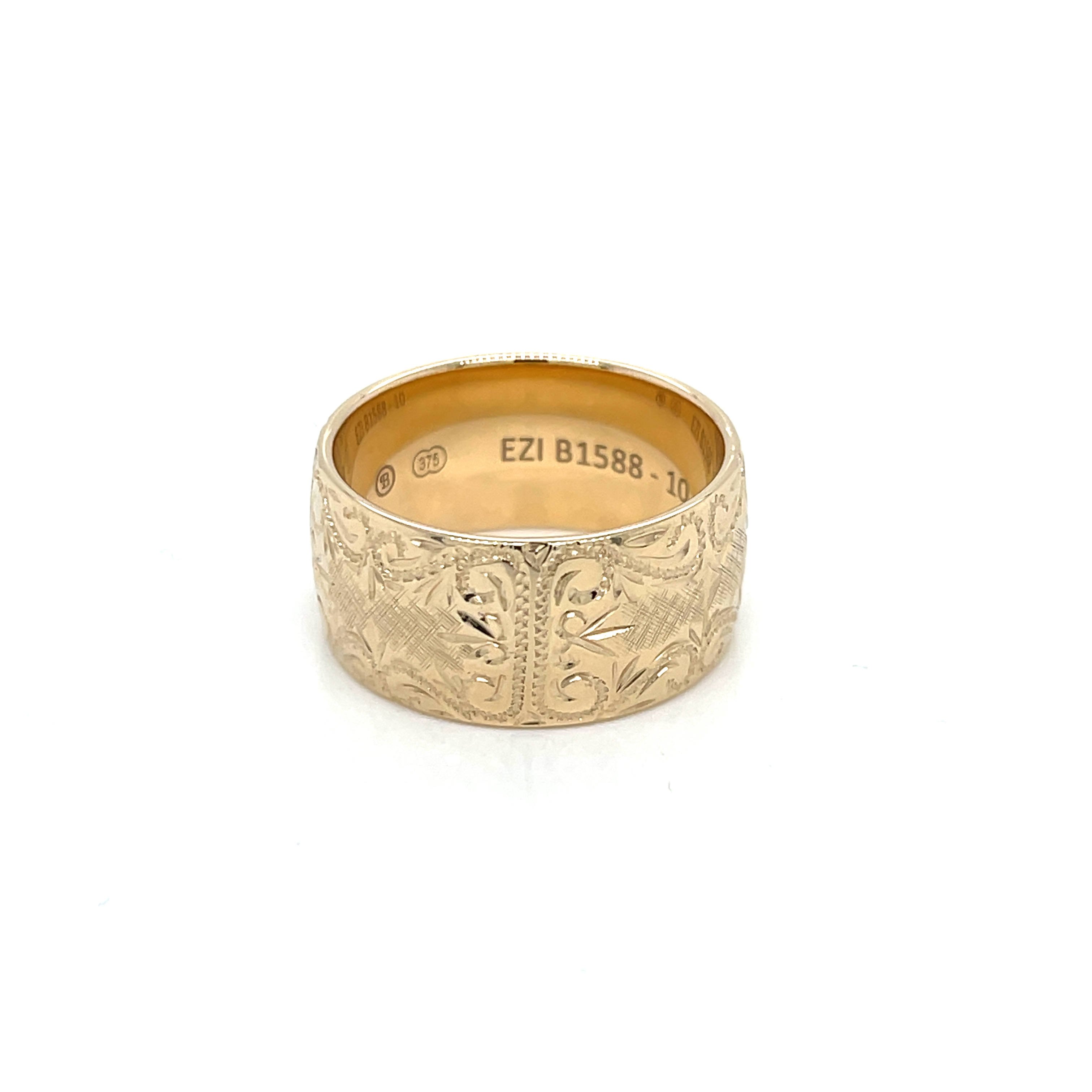 9ct Yellow Gold Hand Engraved Wide Ring