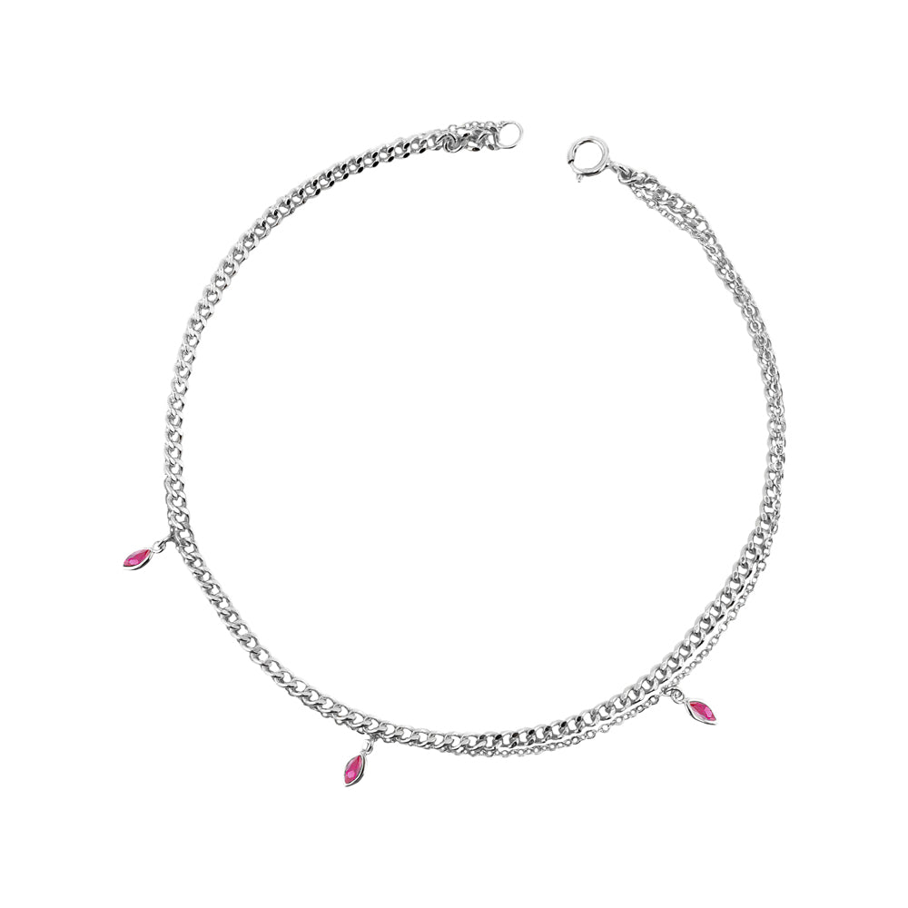 Sterling Silver Multi Ruby Cubic Zirconia Layered Anklet