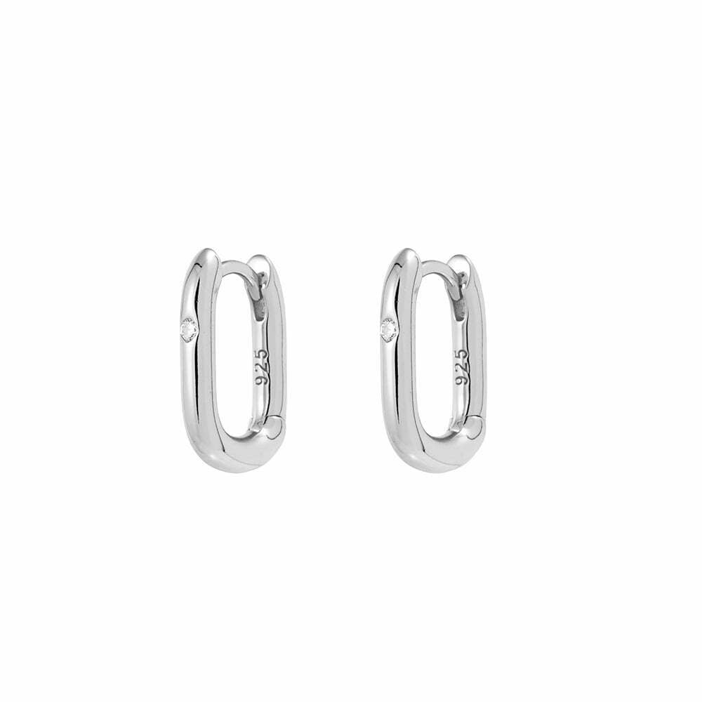 Sterling Silver Oval Shaped Hoop Earrings with Cubic Zirconia Stone
