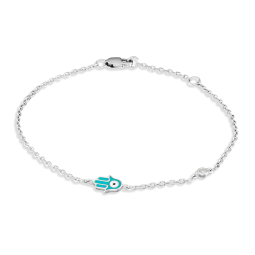 Sterling silver enamel hamsa hand with single CZ fine link bracelet
