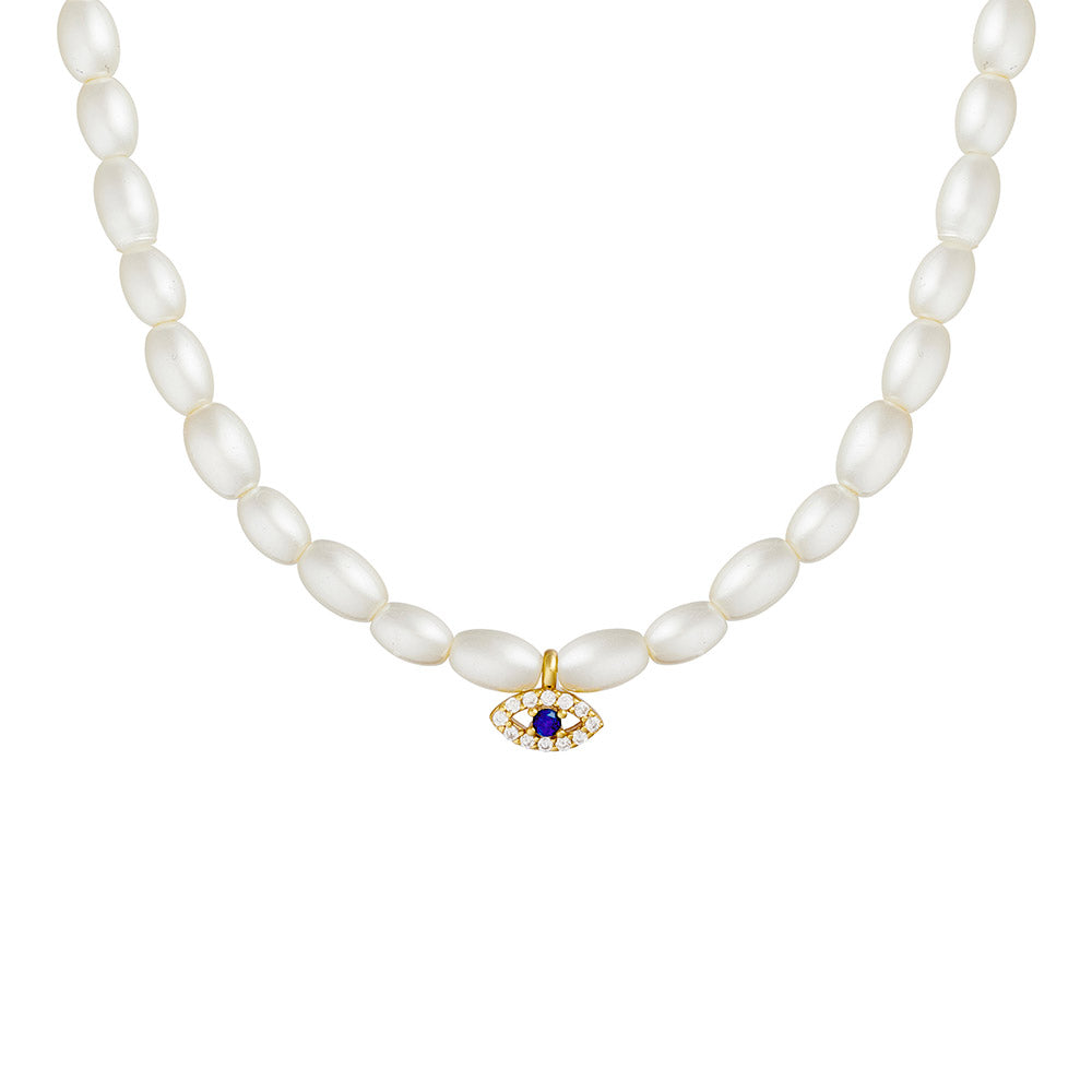 Gold Plated Rice Pearl Necklace with Evil Eye