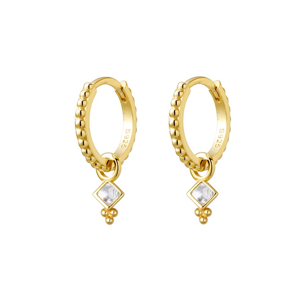 Gold Plated Huggie Earrings with Removable Diamond- Shape Drop Charm