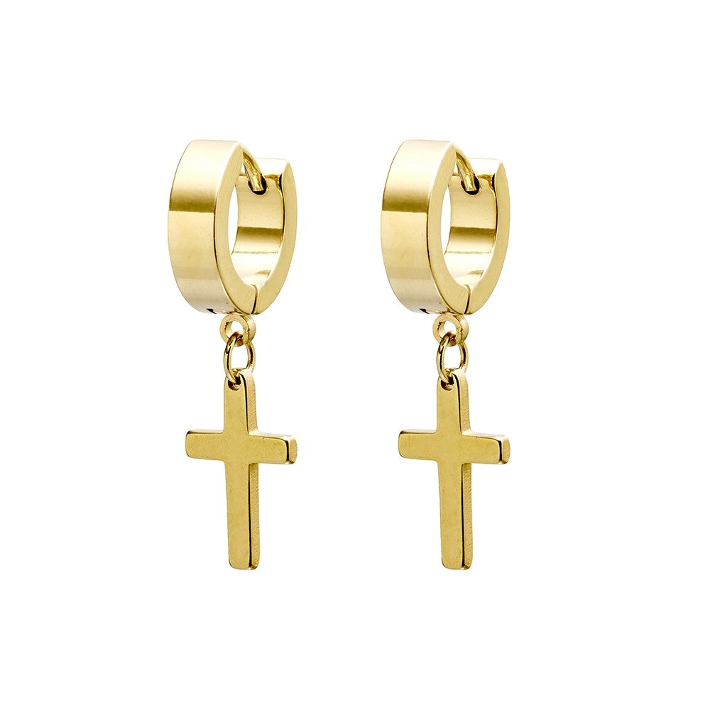 Gold Plated Stainless Steel Mens Huggies with Square Drop Cross