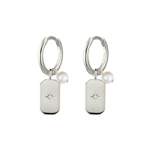 Sterling Silver huggie earrings with North star tag & Freshwater pearl
