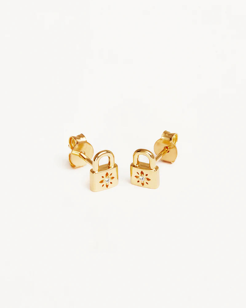 18k Gold Vermeil Crystal Lotus Padlock Stud Earrings