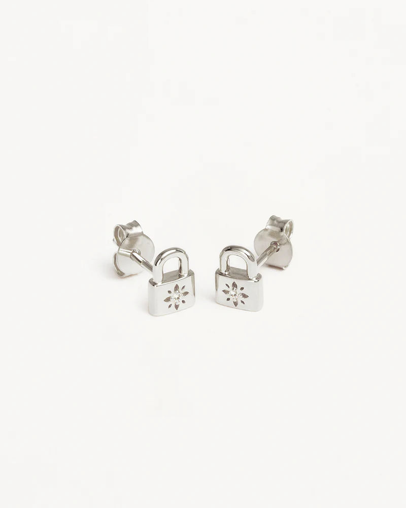 Sterling Silver Crystal Lotus Padlock Stud Earrings