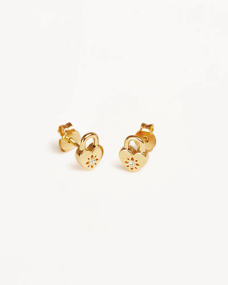 By Charlotte 18k Gold Vermeil Crystal Lotus Heart Padlock Stud Earrings