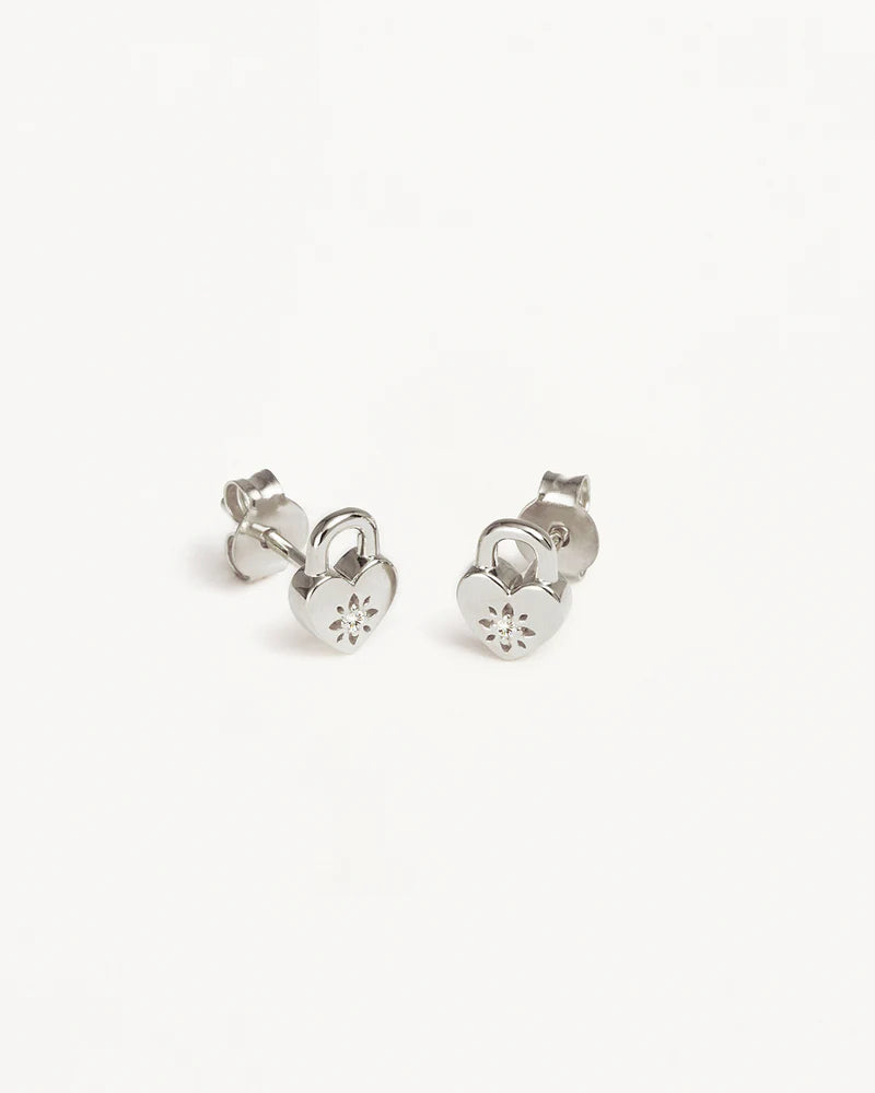 Sterling Silver Crystal Lotus Heart Padlock Stud Earrings