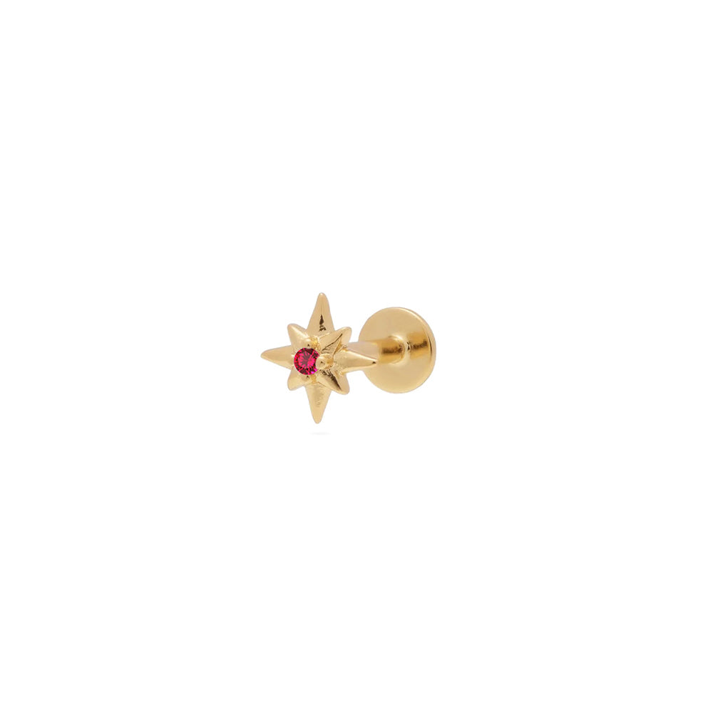 Yellow Gold Plated Flat Back Single Star Earring with Ruby Cubic Zirconia