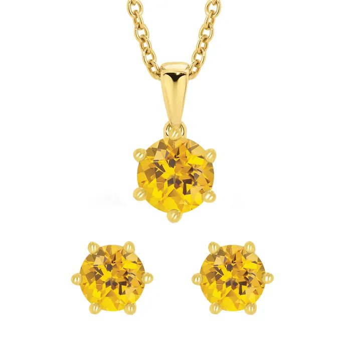 9ct Yellow Gold Citrine Claw Set Pendant and Earring Set