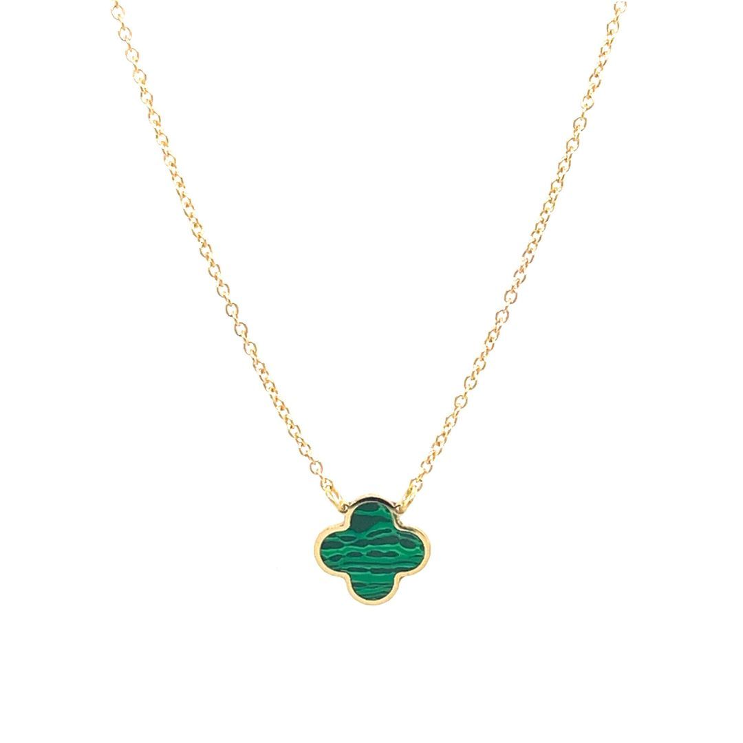 9ct Yellow Gold Single Malachite Clover Necklace