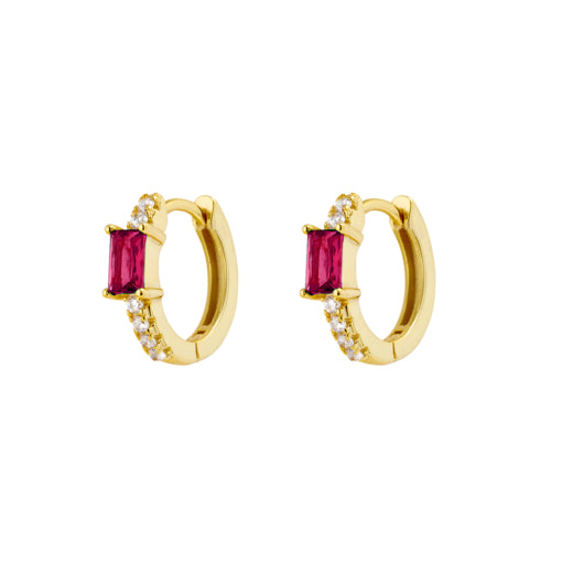 Sterling silver gold plated hoop earrings with CZ stones and ruby pink feature