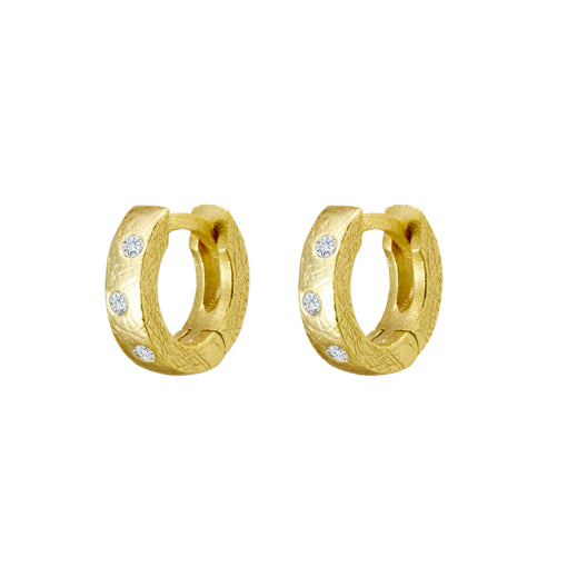 Sterling silver gold plated mini brushed hoop earrings with CZ