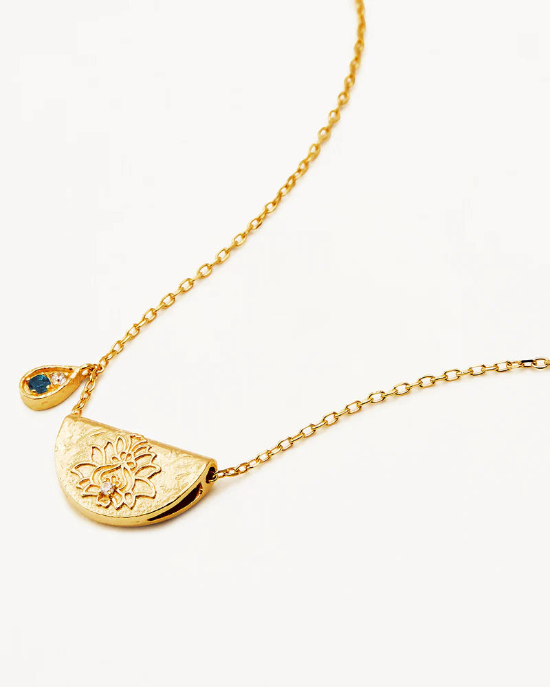 By Charlotte 18k Gold Vermeil Lotus Birthstone Necklace - December - Blue Topaz
