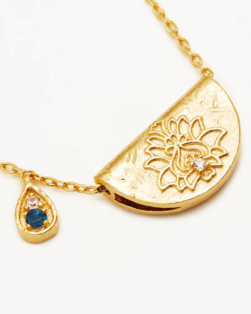 By Charlotte 18k Gold Vermeil Lotus Birthstone Necklace - December - Blue Topaz
