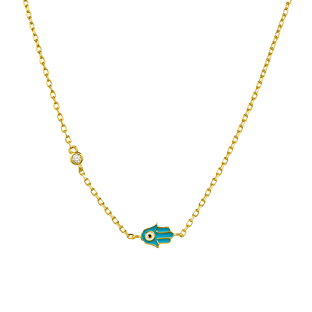 Sterling silver gold plated fine link chain necklace with single CZ and enamel hamsa hand