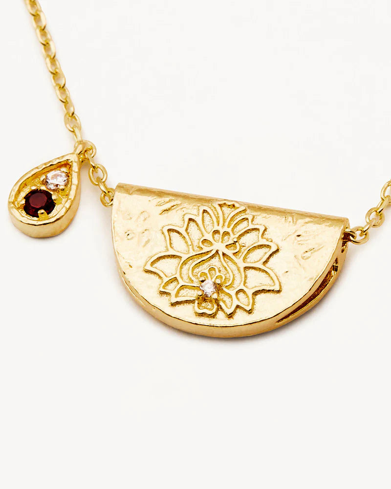 By Charlotte 18k Gold Vermeil Lotus Birthstone Necklace - January - Garnet