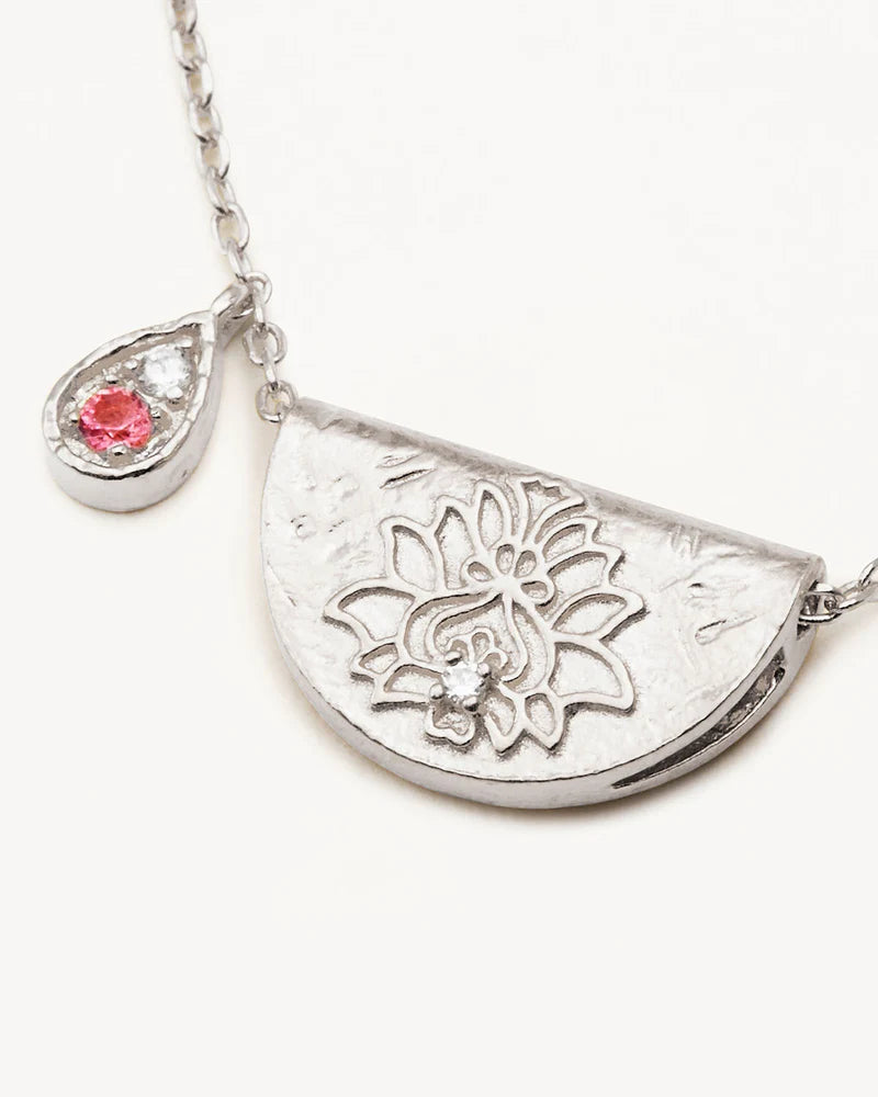 By Charlotte Sterling Silver Lotus Birthstone Necklace - October - Pink Tourmaline